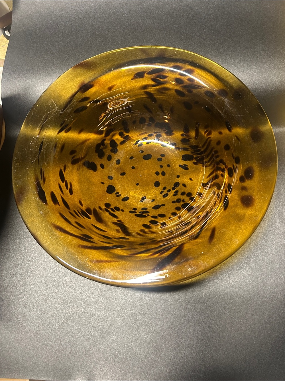 Amber Glass Art Bowl with Black Speckle Design